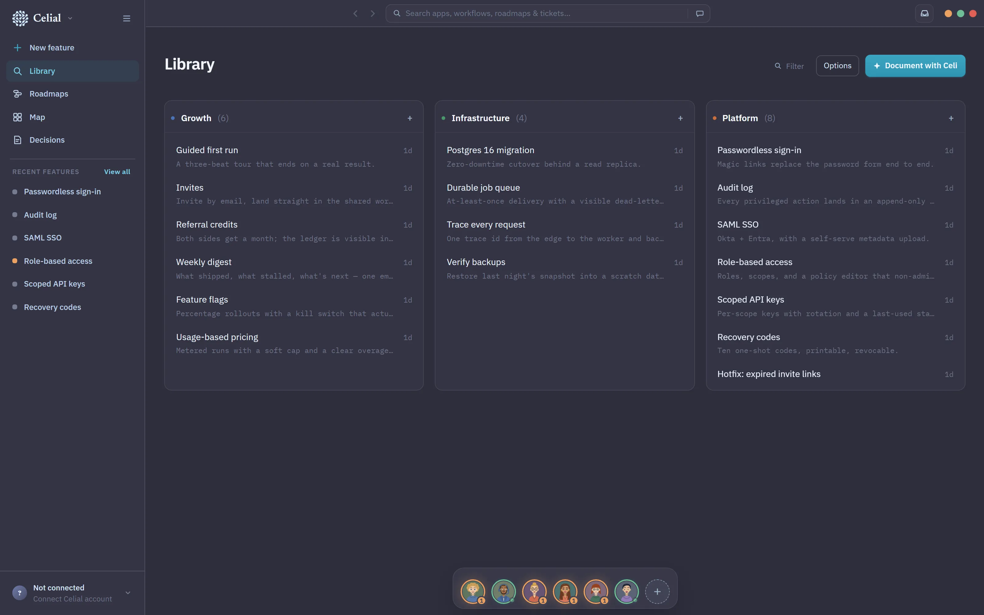 The Atlas Library — features grouped by area, each row a real capability with the sentence that describes it