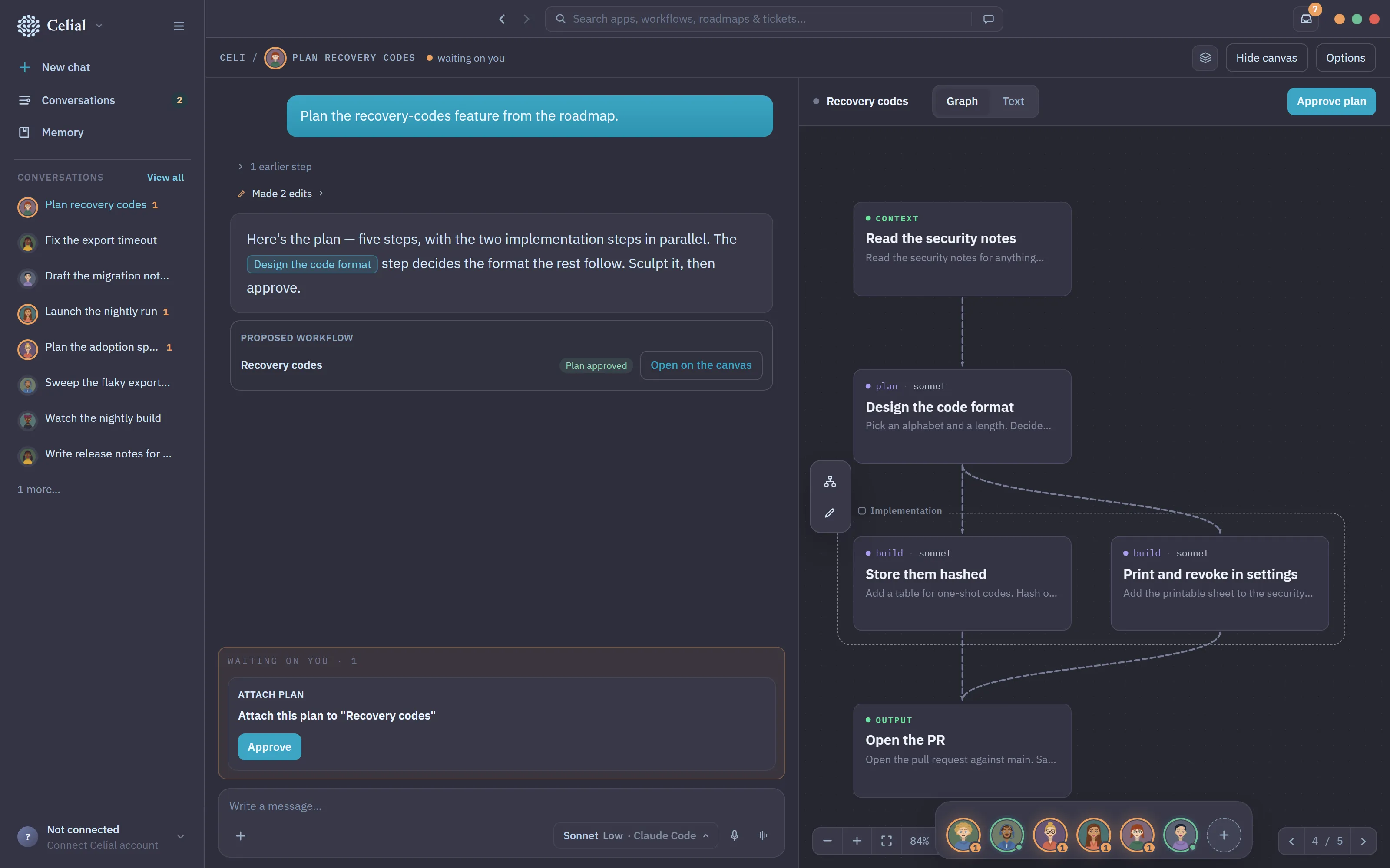 Celi's plan canvas — the steps of a proposed workflow drawn as nodes beside the conversation, with an Approve plan button above them