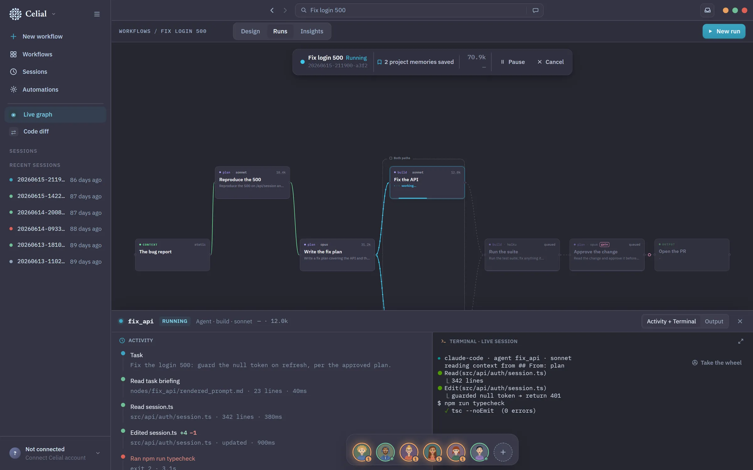 The same workflow mid-run: later nodes marked queued above an open live session, where the claude-code agent reads a file, edits it, and runs a typecheck as the terminal streams.